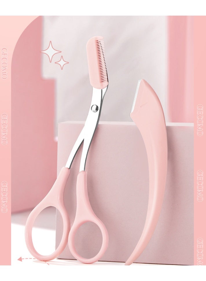 Two-piece eyebrow trimmer set, eyebrow trimmer scissors with comb, unisex curved face razor set, stainless steel beard and eyebrow trimming tools, non-slip handle for easy and precise trimming. - Image 1